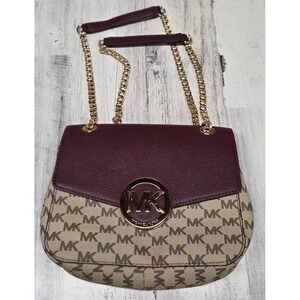 Michael Kors Fulton Medium Flap Shoulder Bag Merlot Logo Canvas Chain Strap NWT